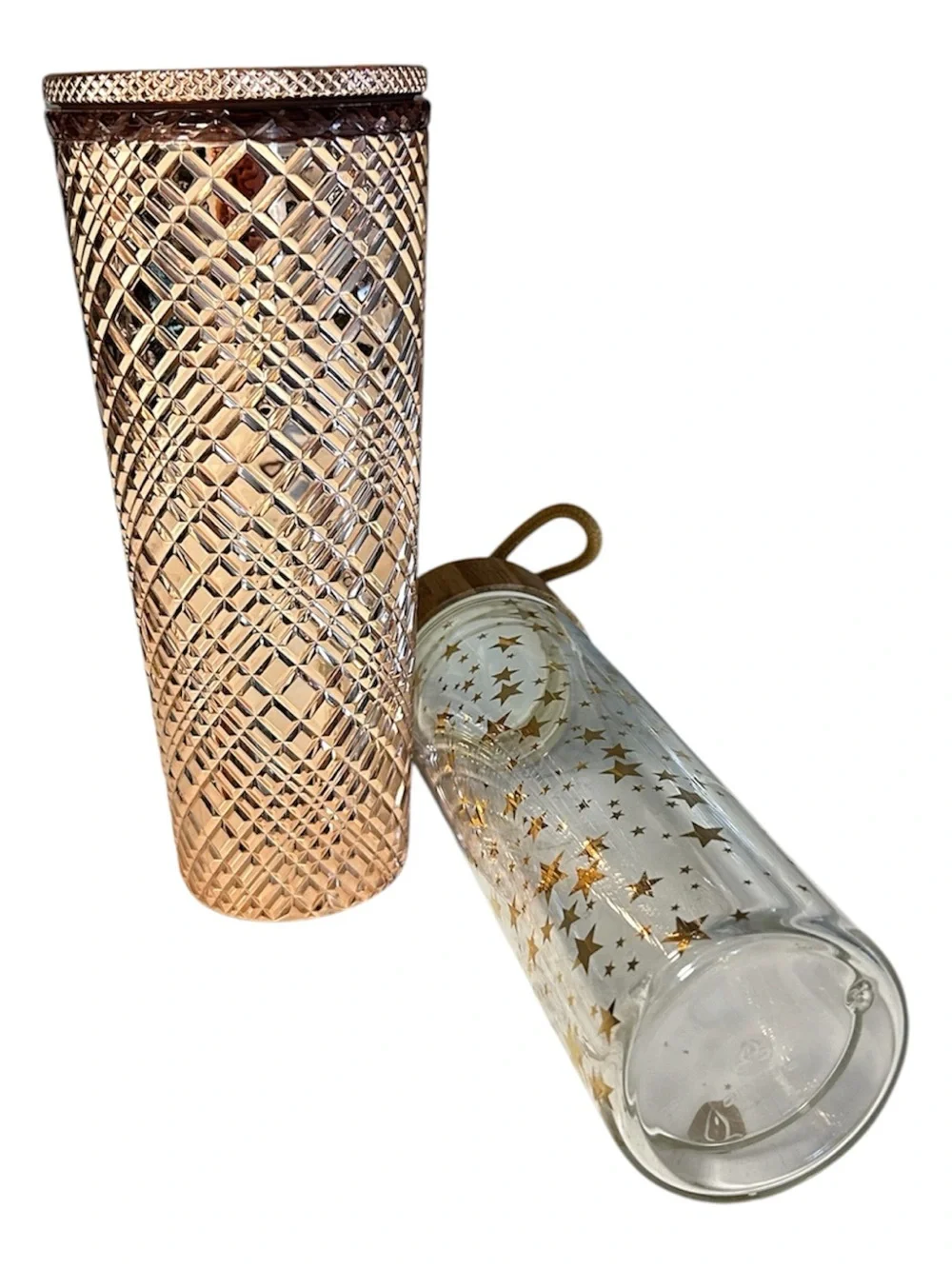 Starbucks Rose Gold Textured Tumbler & Clear Bottle with Gold Stars